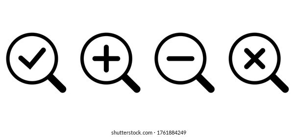 Set search icons with checkmark, plus, minus, cross symbol. Magnifying glass icon isolated on white background. loupe sign vector illustration.