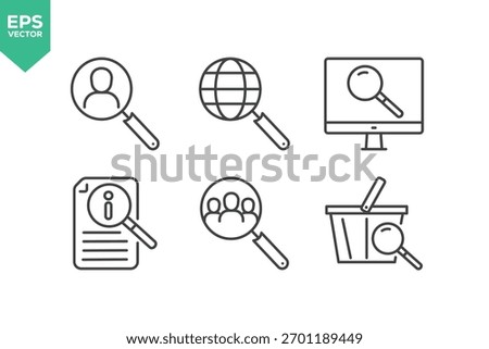 Set Of Search Icons. Contains such icons as Search, Magnifying Glass, Job Hunting, Searching, Big Data Analizing, Document Searching, Idea Search, Find People, Image Zoom, Internet Search, and more