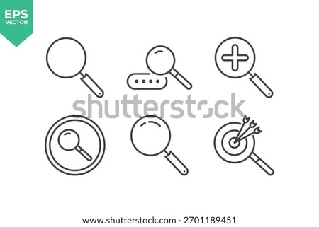 Set Of Search Icons. Contains such icons as Search, Magnifying Glass, Job Hunting, Searching, Big Data Analizing, Document Searching, Idea Search, Find People, Image Zoom, Internet Search, and more