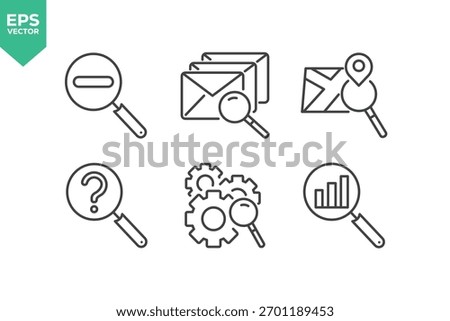 Set Of Search Icons. Contains such icons as Search, Magnifying Glass, Job Hunting, Searching, Big Data Analizing, Document Searching, Idea Search, Find People, Image Zoom, Internet Search, and more