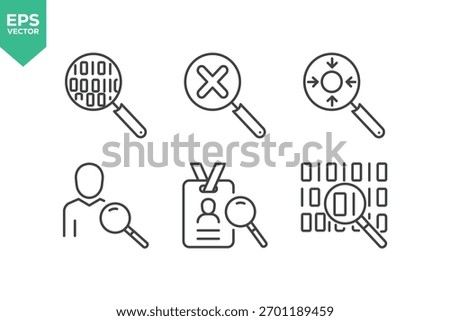 Set Of Search Icons. Contains such icons as Search, Magnifying Glass, Job Hunting, Searching, Big Data Analizing, Document Searching, Idea Search, Find People, Image Zoom, Internet Search, and more