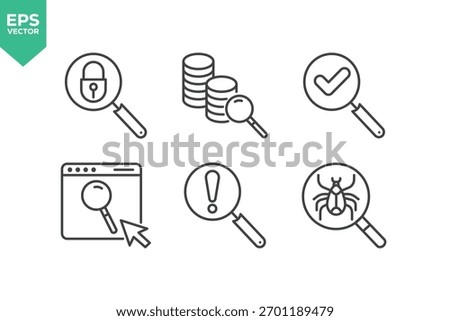 Set Of Search Icons. Contains such icons as Search, Magnifying Glass, Job Hunting, Searching, Big Data Analizing, Document Searching, Idea Search, Find People, Image Zoom, Internet Search, and more