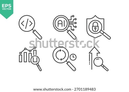 Set Of Search Icons. Contains such icons as Search, Magnifying Glass, Job Hunting, Searching, Big Data Analizing, Document Searching, Idea Search, Find People, Image Zoom, Internet Search, and more