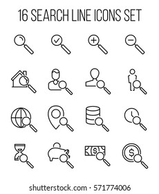Set of search icons in modern thin line style. High quality black outline focus symbols for web site design and mobile apps. Simple search pictograms on a white background.