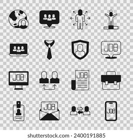 Set Search job, Briefcase, Multitasking manager working, Tie, Project team base, Globe and people and User protection icon. Vector