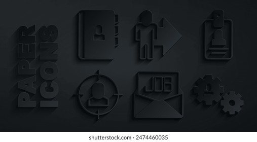 Set Search job, Identification badge, Head hunting, Human with gear, Leader of team of executives and Resume icon. Vector