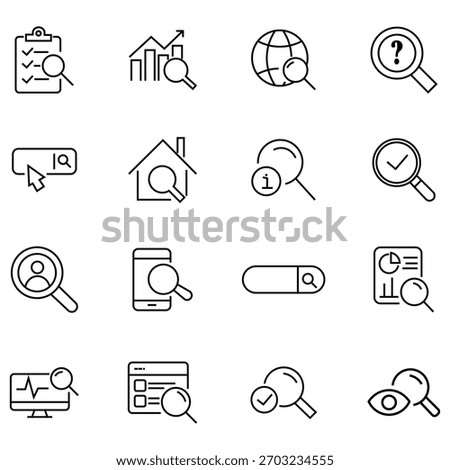 Set of search line editable icon set. Containing as digital marketing, magnifying glass, investigate, research, SEO, management and more. Search of web icons in black color on white background.