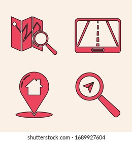 Set Search location, Folded map with location marker, Infographic of city map navigation and Map pointer with house icon. Vector