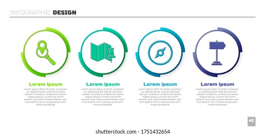 Set Search location, Folded map with push pin, Compass and Road traffic sign. Business infographic template. Vector