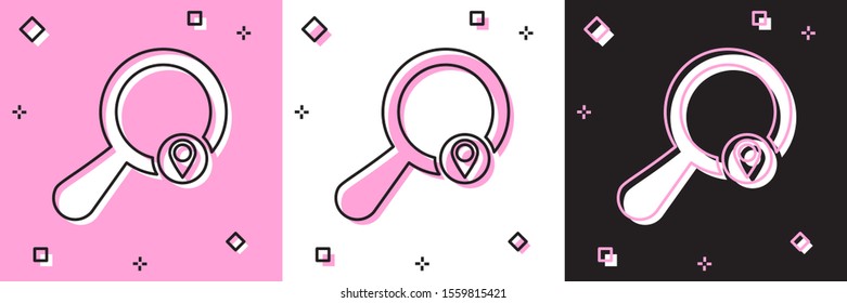 Set Search location icon isolated on pink and white, black background. Magnifying glass with pointer sign.  Vector Illustration