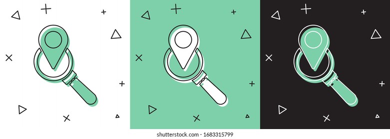 Set Search location icon isolated on white and green, black background. Magnifying glass with pointer sign.  Vector Illustration