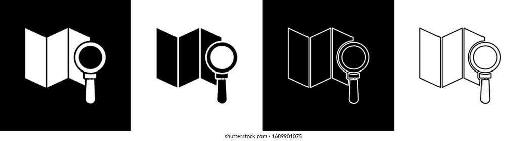 Set Search location icon isolated on black and white background. Magnifying glass with pointer sign.  Vector Illustration