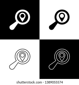 Set Search location icons isolated on black and white background. Magnifying glass with pointer sign. Line, outline and linear icon. Vector Illustration