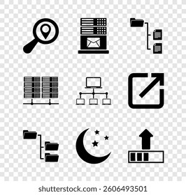 Set Search location, Mail server, Folder tree, , Moon and stars and Loading icon. Vector