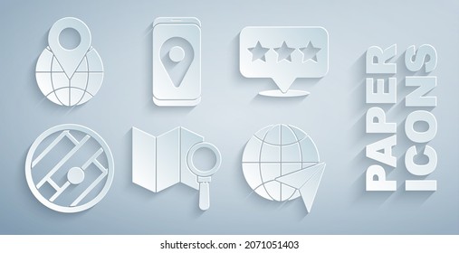 Set Search location, Map pointer with star, Folded map, Globe flying plane, City navigation and Location the globe icon. Vector