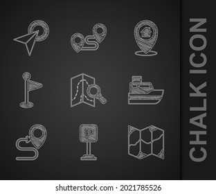 Set Search location, Parking, Folded map, Ship line path, Route, Location marker, with house and Infographic of city navigation icon. Vector