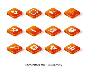 Set Search location, Police badge, Two crossed hammers, UFO flying spaceship, FTP folder download and Mail server icon. Vector