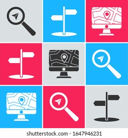 Establecer la ubicación de búsqueda, el símbolo de tráfico y el monitor y el mapa plegado con el icono de ubicación. Vector
