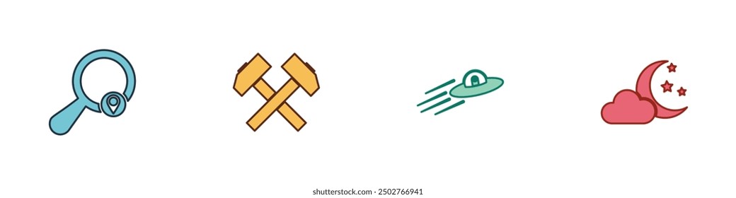 Set Search location, Two crossed hammers, UFO flying spaceship and alien and Cloud with moon stars icon. Vector
