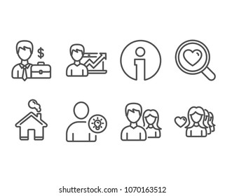 Set of Search love, Businessman case and Success business icons. User idea, Couple and Woman love signs. Dating service, Human resources, Growth chart. Light bulb, Male and female, Romantic people