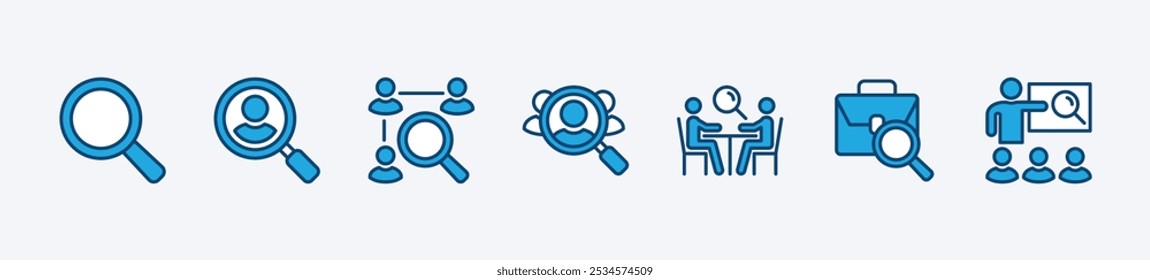 Set der Suche Lupe Symbol. Mit Rekrutierung, Einstellung, suchen Sie nach Menschen, Teamarbeit, Personalwesen, Arbeit, Kandidat, Mitarbeiter, Job, Beruf, Ergänzung. Vektorgrafik