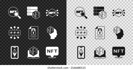 Set Search NFT, blockchain technology, Digital crypto art, Ethereum ETH, Laptop with store app, Cyber security and Document and icon. Vector