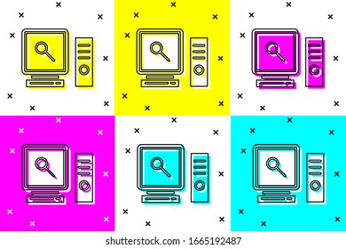 Set Search on computer screen icon isolated on color background. Screen and magnifying glass.  Vector Illustration