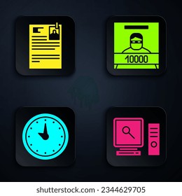 Set Search on computer screen, Lawsuit paper, Clock and Wanted poster. Black square button. Vector