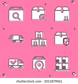 Set Search package, Cardboard box with traffic, Delivery truck in movement, security shield, check mark and Location cardboard icon. Vector