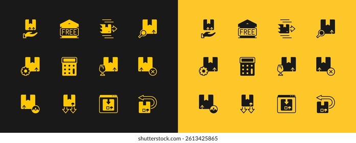 Set Search package, Cardboard box with traffic symbol, Package fragile content, Online app delivery tracking, Calculator, Carton cardboard, Delivery hand and Free storage icon. Vector