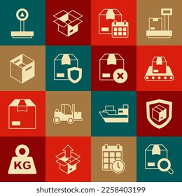 Set Search package, Delivery security with shield, Conveyor belt box, Cardboard calendar, Carton cardboard, Scale and  icon. Vector
