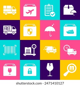 Set Search package, Delivery truck and clock, Cargo ship with boxes, Verification of delivery list, security shield, Free service,  and Umbrella rain drops icon. Vector