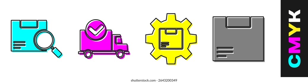 Set Search package, Delivery truck with check mark, Gear wheel with package box and Carton cardboard box icon. Vector