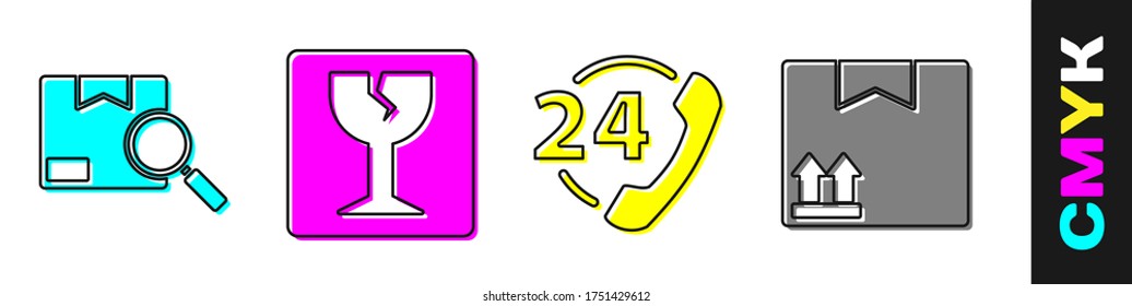 Set Search package, Fragile broken glass, Telephone 24 hours support and Cardboard box with traffic symbol icon. Vector