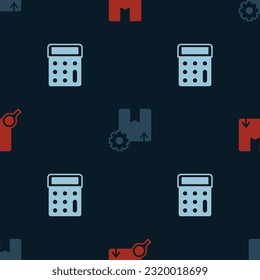 Set Search package, Gear with box and Calculator on seamless pattern. Vector