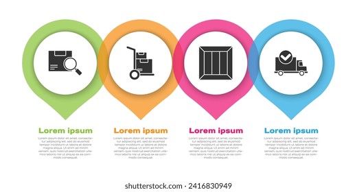 Set Search package, Hand truck and boxes, Wooden box and Delivery truck with check mark. Business infographic template. Vector