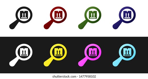 Set Search package icon isolated on black and white background. Parcel tracking symbol. Magnifying glass and cardboard box. Logistic and delivery.  Vector Illustration
