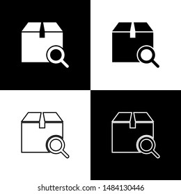 Set Search package icon isolated on black and white background. Parcel tracking symbol. Magnifying glass and cardboard box. Logistic and delivery.  Vector Illustration