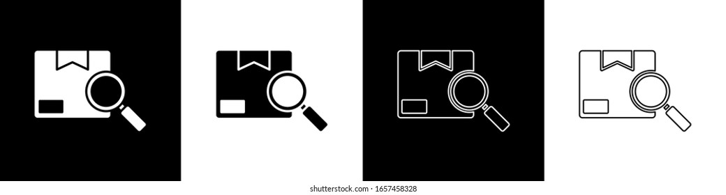 Set Search package icon einzeln auf schwarz-weißem Hintergrund. Paketverfolgung. Gläserner Glas und Karton. Logistik und Lieferung. Vektorillustration-Illustration