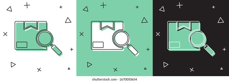 Set Search package icon isolated on white and green, black background. Parcel tracking. Magnifying glass and cardboard box. Logistic and delivery.  Vector Illustration
