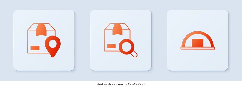 Set Search package, Location with cardboard box and Warehouse. White square button. Vector