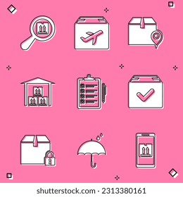 Set Search package, Plane and cardboard box, Location with, Warehouse, Verification of delivery list, Package check mark, Locked and Umbrella rain drops icon. Vector