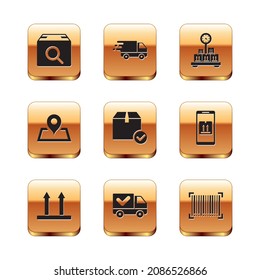 Set Search package, This side up, Delivery truck with check mark, Package box, Placeholder on map, Scale cardboard, Barcode and in movement icon. Vector