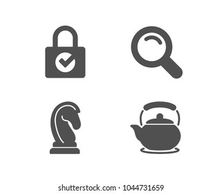 Set of Search, Password encryption and Marketing strategy icons. Teapot sign. Magnifying glass, Protection locker, Chess knight. Tea kettle.  Quality design elements. Classic style. Vector