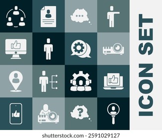 Set Search a people, Hand like, Media projector, Speech bubble chat, Head hunting, Project team base and  icon. Vector