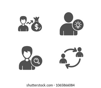 Set of Search people, User idea and Sallary icons. User communication sign. Find profile, Light bulb, Person earnings. Human resources.  Quality design elements. Classic style. Vector
