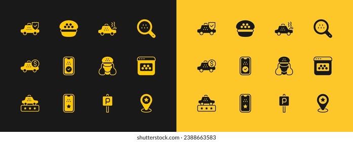 Set Search taxi, Taxi mobile app, driver, Parking, Broken car, insurance and cap icon. Vector