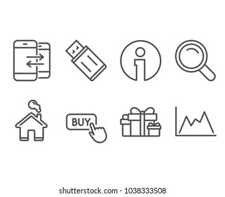 Set of Search, Usb flash and Phone communication icons. Holiday presents, Buy button and Diagram signs. Magnifying glass, Memory stick, Incoming and outgoing calls. Vector