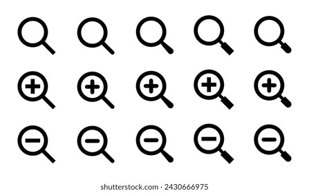 Conjunto de búsqueda y zoom icono vector. Lupa con signo más y menos
