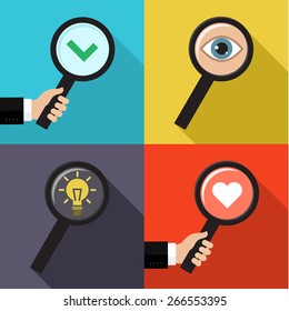 Set of searching concepts. Searching a love, idea, symbol of check and eye. Flat vector illustration